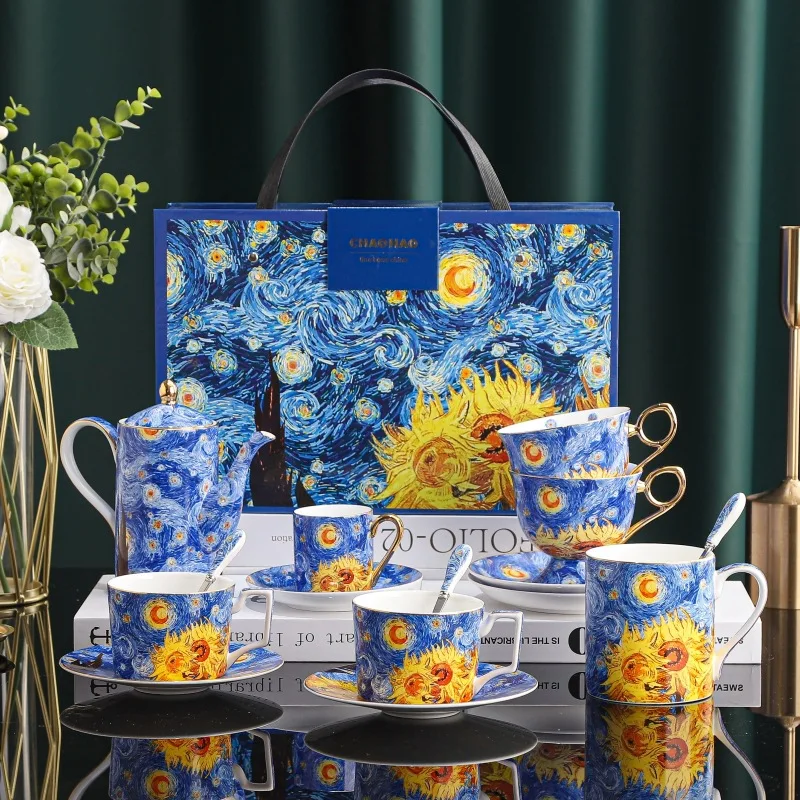 Van Gogh Star Moon Sunflower Bone Porcelain Coffee Set Coffee Cup Afternoon Tea Cup Saucer Mug Gift Box Set Creative