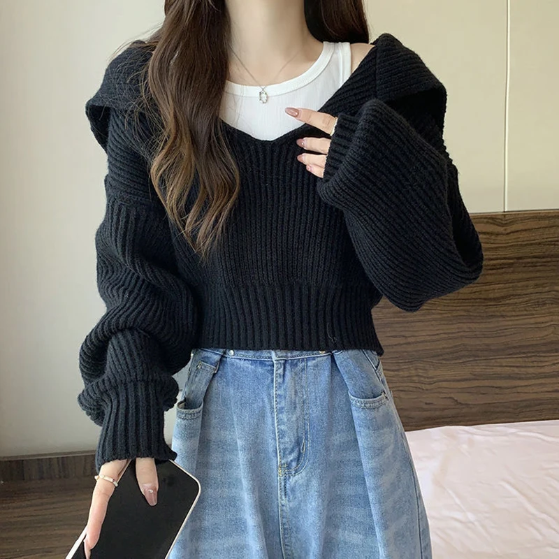 Rimocy Turn Down Collar Cropped Sweater Women Autunm Winter Long Sleeve Knitted Jumper Woman Korean Style Solid Color Jerseys