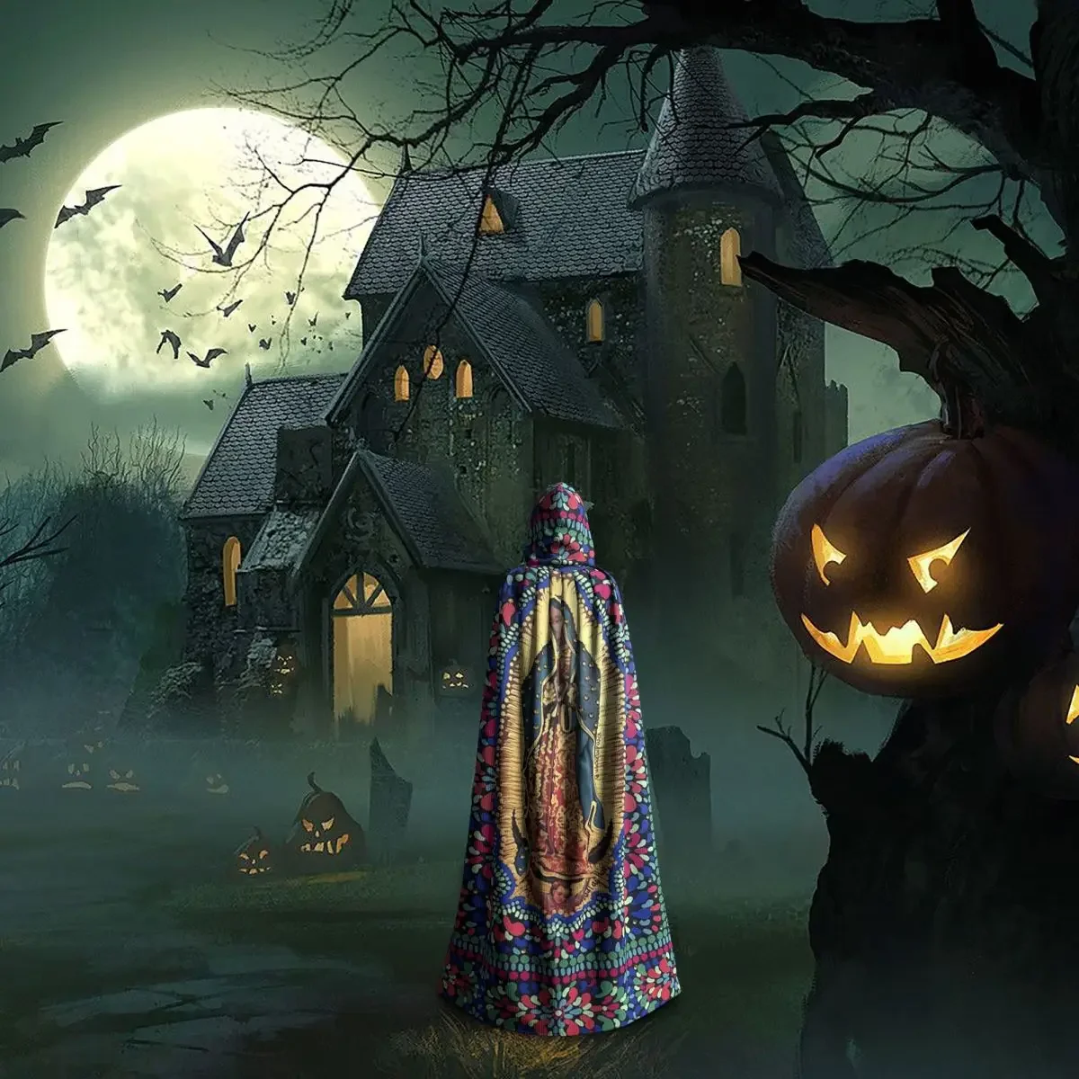 سيدة غوادالوبي مريم العذراء المكسيكي عباءة طويلة مقنعين الساحرة القرون الوسطى زي تأثيري كيب هالوين معطف الكبار للجنسين