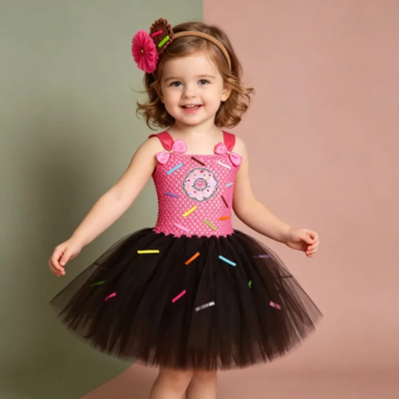 

Donut Tulle Puffy Dress for Girls, Rose Brown Themed Outfit for Birthday Party, Princess Tulle Dress for Children's Day Party