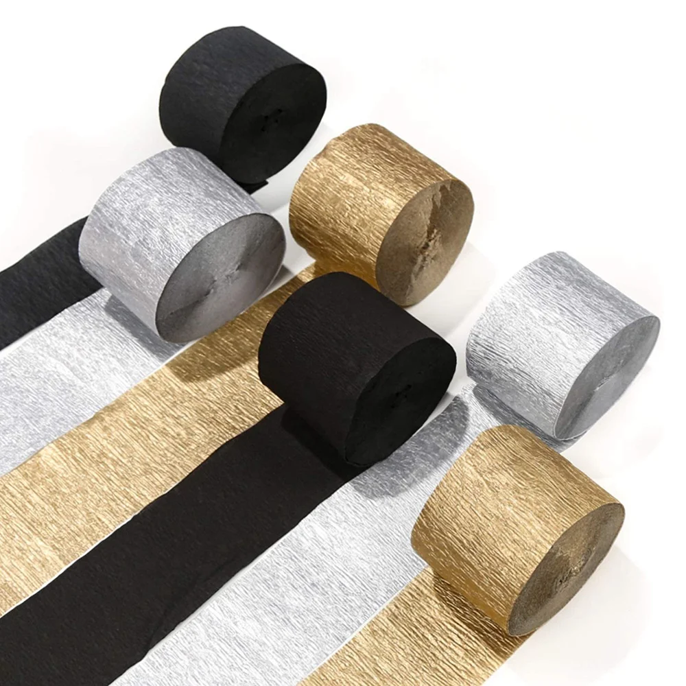 Crepe Paper Streamers12 Pcs Gold Streamers Silver and Black Streamers Party Decorations for Birthday Party Wedding