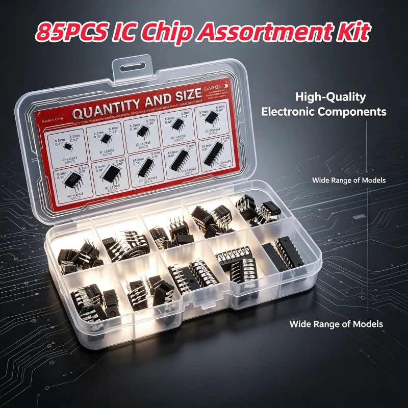85PCS IC Chip Assortment Kit 10 Types NE555 LM324 DIP Integrated Circuit Precision Timer Electronic Components for DIY Repair