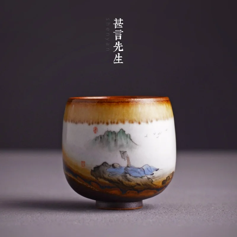 Porcelain Tea Tasting Cup Jingdezhen Hand-Painted New Color Landscape Marking Personal Cup Kiln Baked Master Cup Handmade Kung F