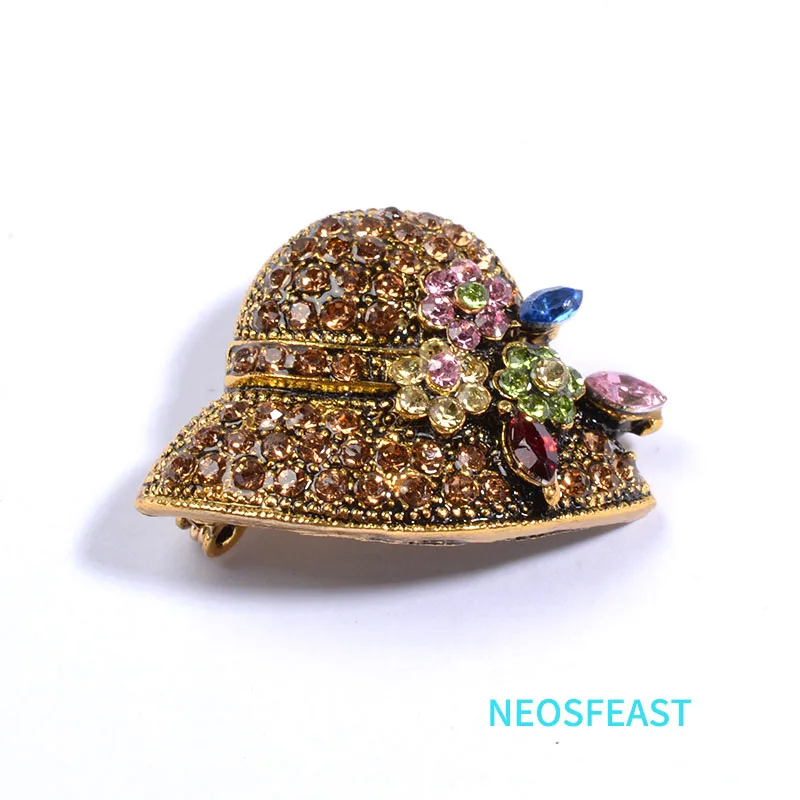 Classic Jewelry Breast Pin Leisure Hat Brooch for Women Anti Gold Color Multi Rhinestone Brooch Vintage Pin Garments Lady Gifts