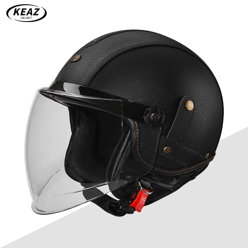 

Advanced Black Leather 3/4 Open Face Motorcycle Helmet Aerodynamic Design with Long Sun Visor Windproof Great for Cold Weather