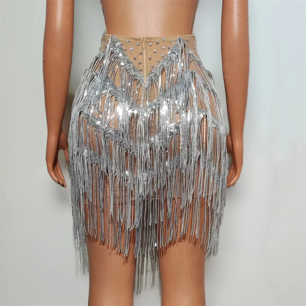 Women Sexy Short Dress Sparkly Silver Sequins Tassel Crystal Backless Halter Birthday Prom Party Fringe Dress Singer DS Costume