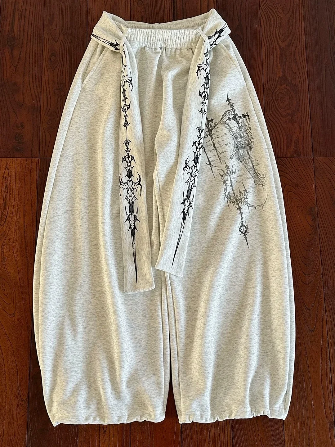 Street Style Wide Leg Pants Women's Loose Fit Print Design Detachable Sash Couple's Casual Trousers Autumn Seasonal Wear
