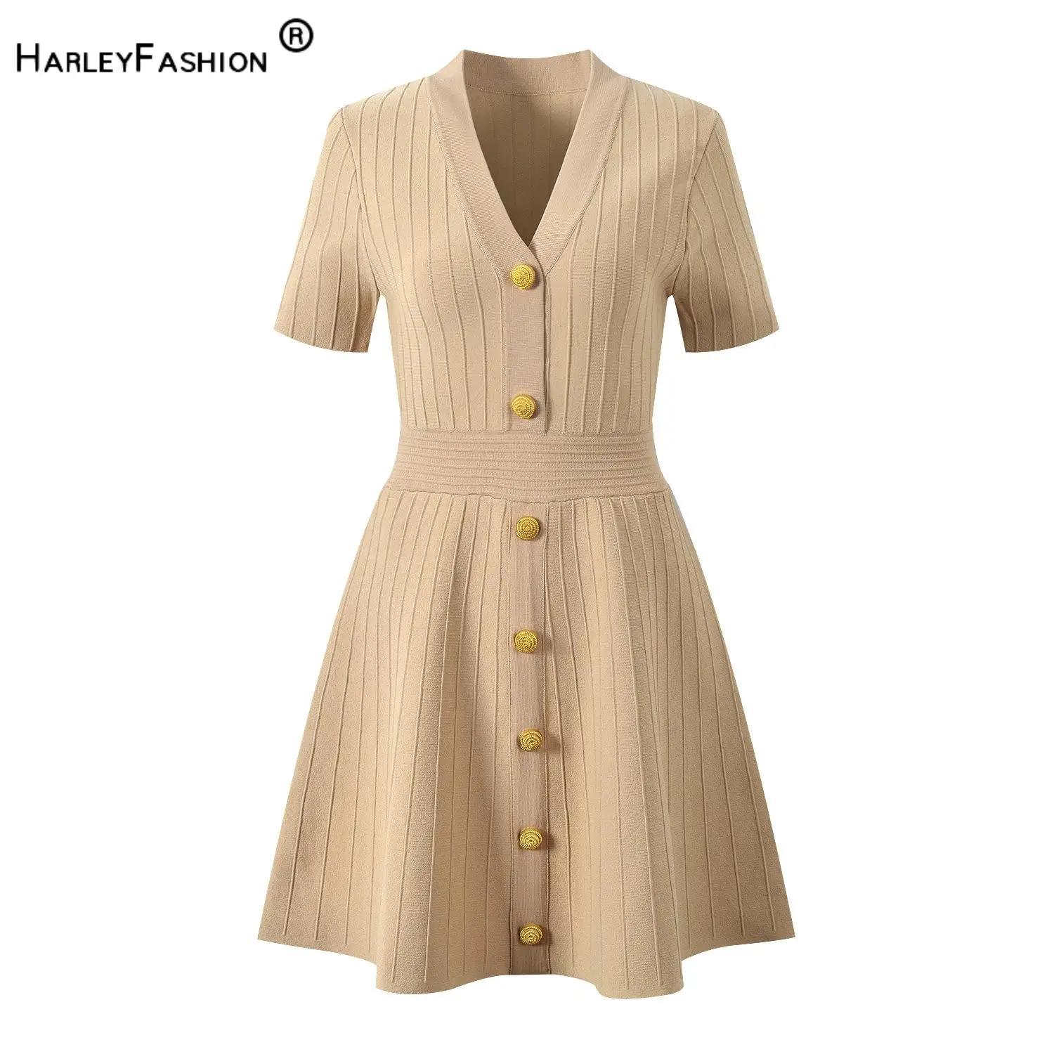 Vintage Lady Office Solid Color 2025 Summer Casual Wear V-neck Short Sleeve Single-breasted Women Knits A-line Mini Dress