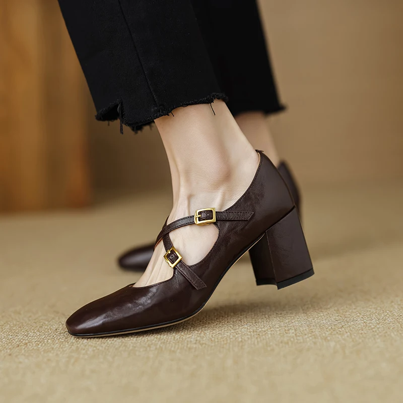 2024 New Spring Square Heeled Women Pumps Buckle Strap Genuine Leather Office Lady Shoes Woman Retro Square Toe Black Mary Janes