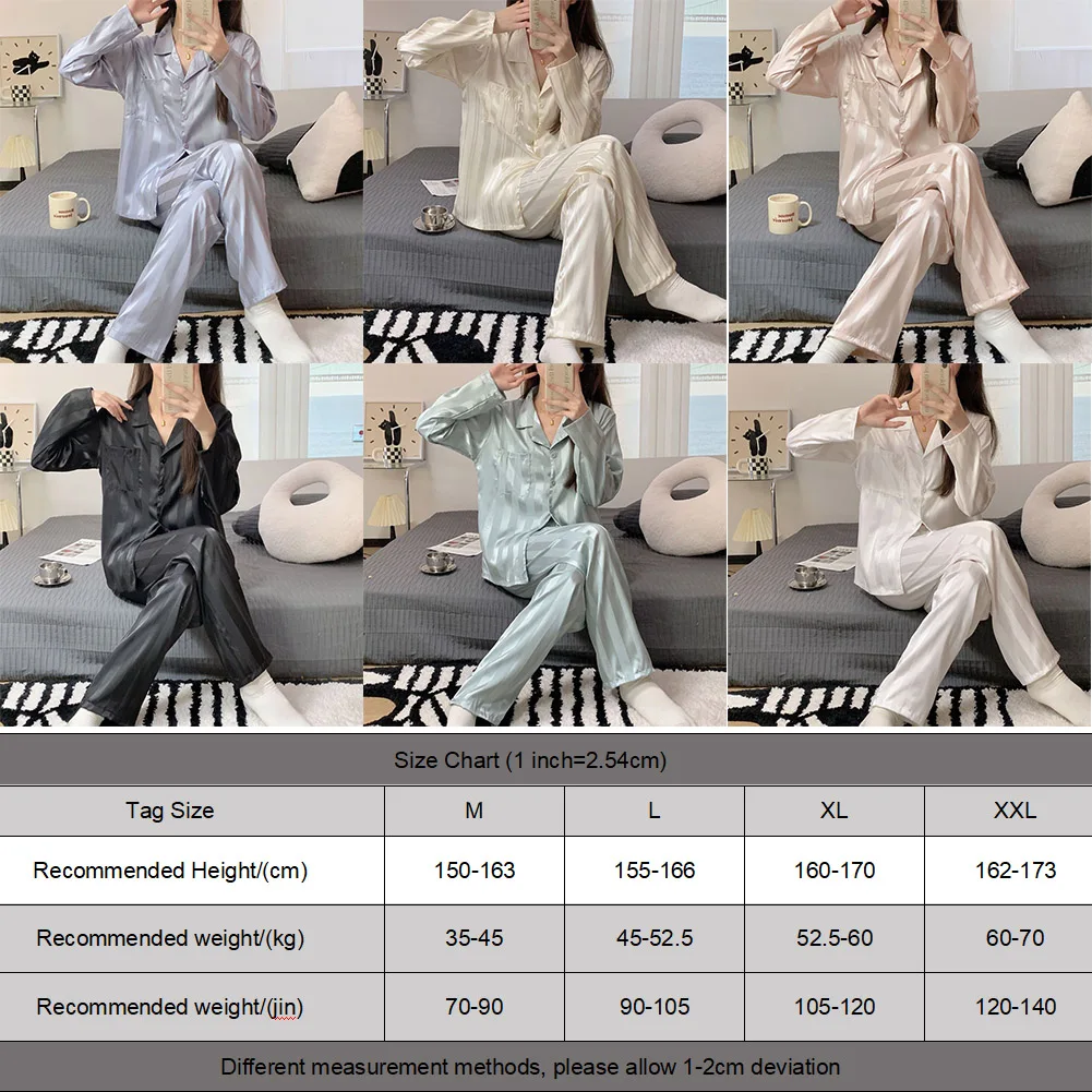 Women Pajamas Striped Pijama Sets Silk Satin Female Home Clothes Causal Sleepwear Solid Color Comfortable Woman Clothing