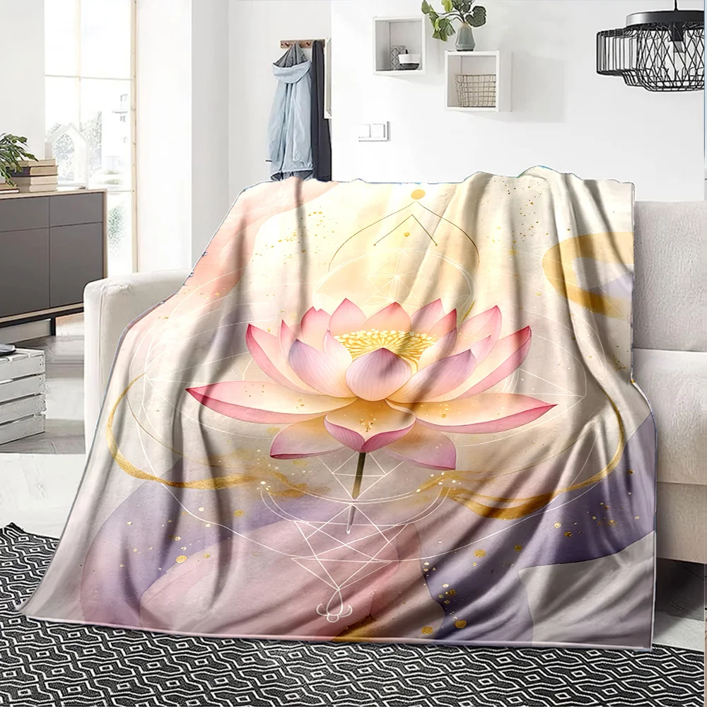 Pink Lotus Golden Geometric Watercolor Print Flannel Throw Blanket Soft Warm Cover For Sofa Bedroom Zen Spiritual Decor Gift