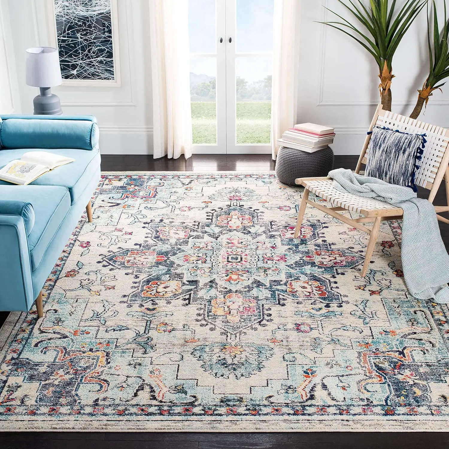 

SAFAVIEH Madison Collection Area Rug - 9' x 12', Cream & Blue, Boho Chic Medallion Distressed Design, Non-Shedding