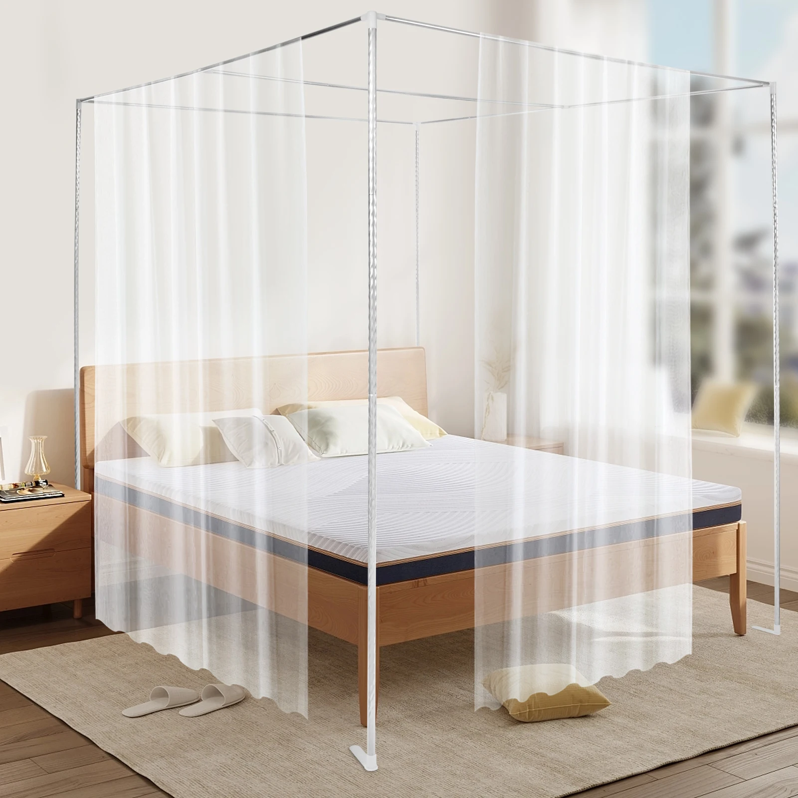 Detachable Mosquito Net Frame，Silver Rust-proof Stainless Steel Bedding Canopy Frame，for 4 Corner Bed for Twin/Full Size Bed