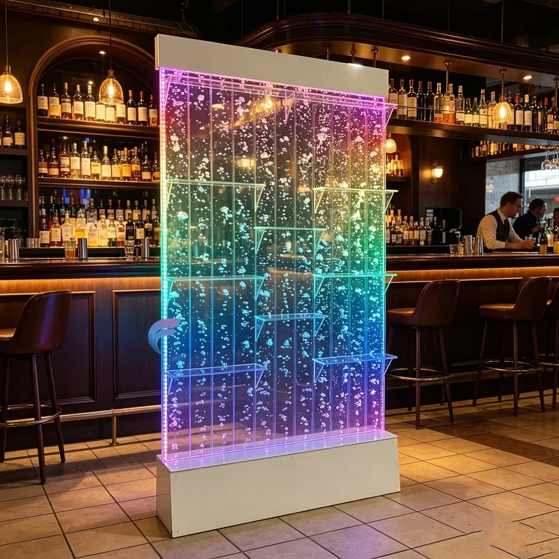 custom.Unique Feature Wall Decoration With LED Lights and Wine Shelving Nightclub Bar Commercial Project
