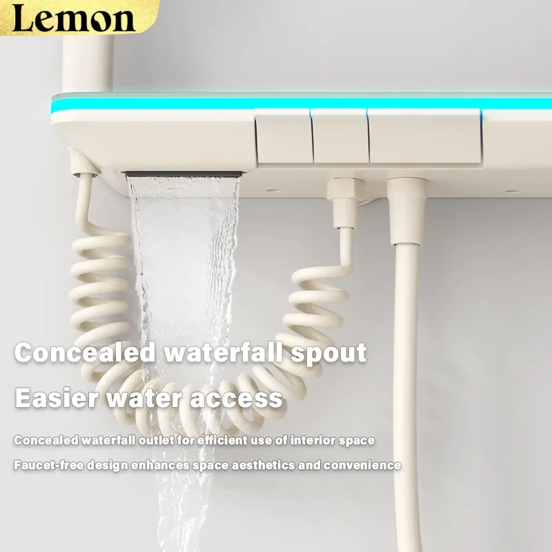 White Thermostatic Smart Shower Set Bathroom Piano Button Ambient Light Waterfall Shower Set Digital Display Showers Faucet Set