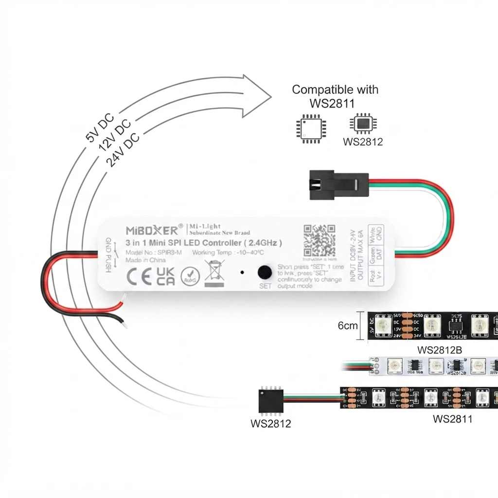 Miboxer SPIR3-M 2.4GHz 5~24V 3in1 SPI Single color/RGB/RGBWIC Signal TTL Dim Controller for WS2811 WS2812 WS2815 LED Pixel Strip