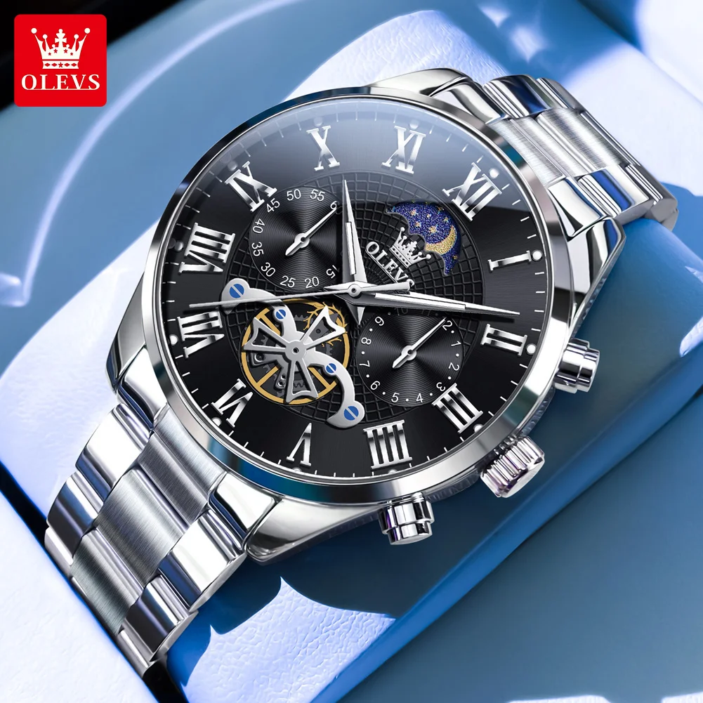 

OLEVS 3640, мужские часы, оригинальные модные римские весы, водонепроницаемые, с лунной фазой, ремешок с кодом синхронизации, люксовый бренд, лучшие мужские кварцевые часы