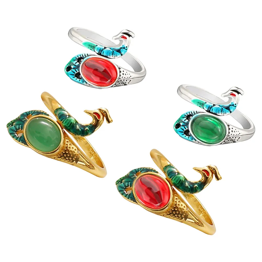 

4Pcs Gemstone Rings Adjustable Peacock Shape Crochet Loop Rings Yarn Guide Knitting Tool for Women Quilting Supplies and Tools