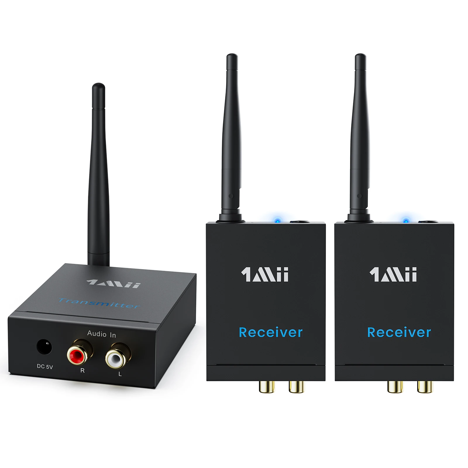 1Mii 2.4G Wireless Audio Transmitter and Receiver 100m Long Distance No Delay 192K/24bit HiFi 1 TX + 2 RX Set for TV/Speaker/Amp