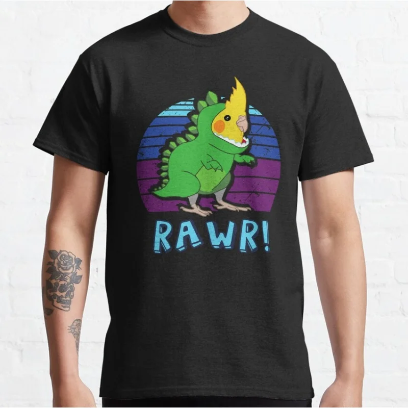 

RAWR - Aesthetic Vaporwave Cockatiel Dinosaur t shirt for birds lover 100% cotton Short Sleeve Graphic Clothes All size tops