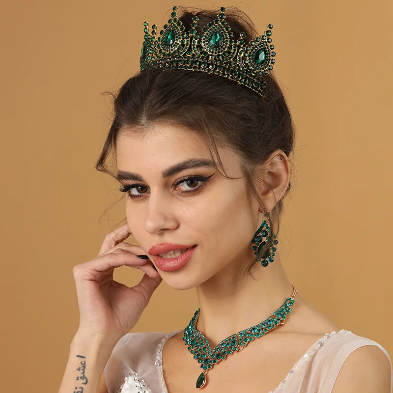 Baroque Queen Green Crown Crystal Tiaras and Crowns for Women Halloween Costume Hair Accessories