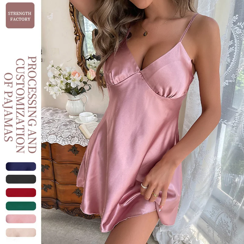 Chemise de nuit à bretelles en satin soyeux pour femmes, robe de téléphone, lingerie sexy, robe de maison, vêtements de salon, été