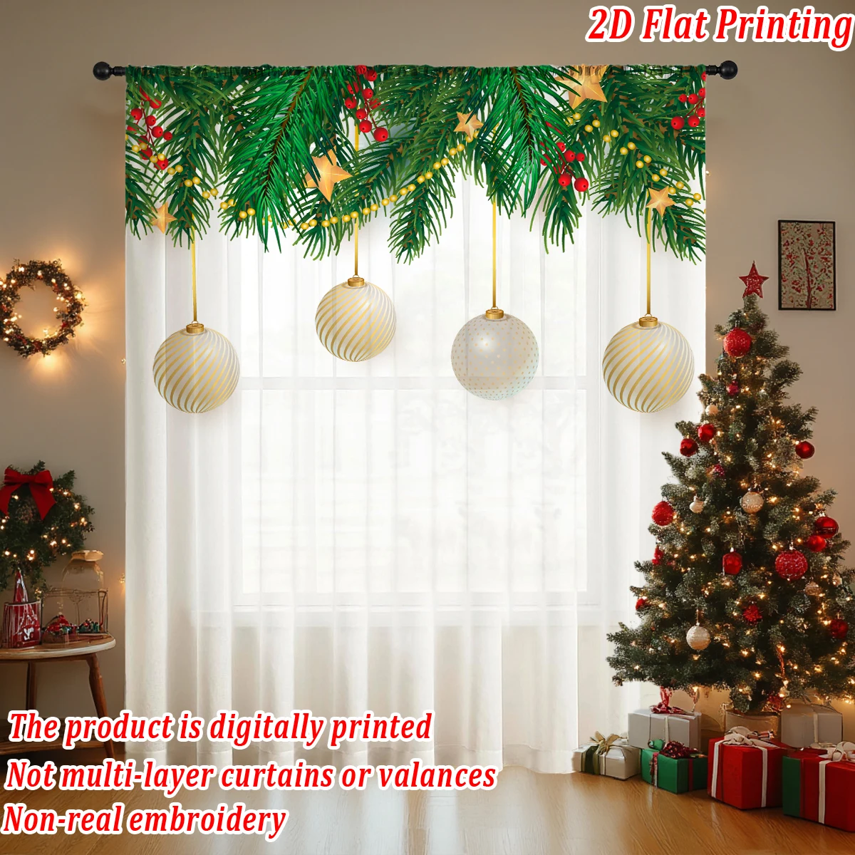 

Christmas Flat Printing Sheer Curtain with Christmas Ball Star Pine Branch Berry for Living Room Bedroom Decor Holiday Party