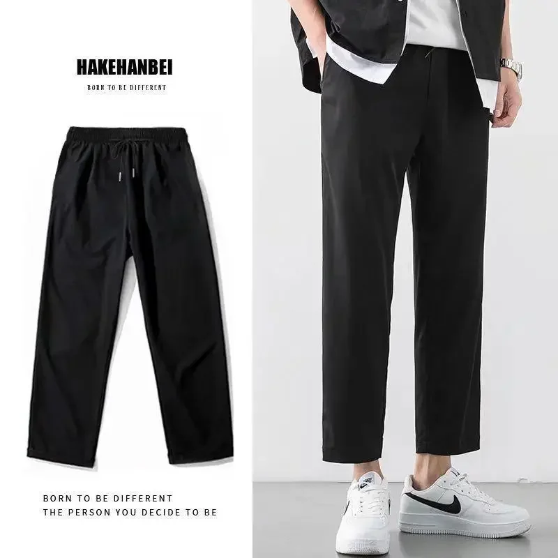 Summer Slim Black Casual Pants for Men's Straight Cropped Pants, Loose and Versatile Nine-minute Pants