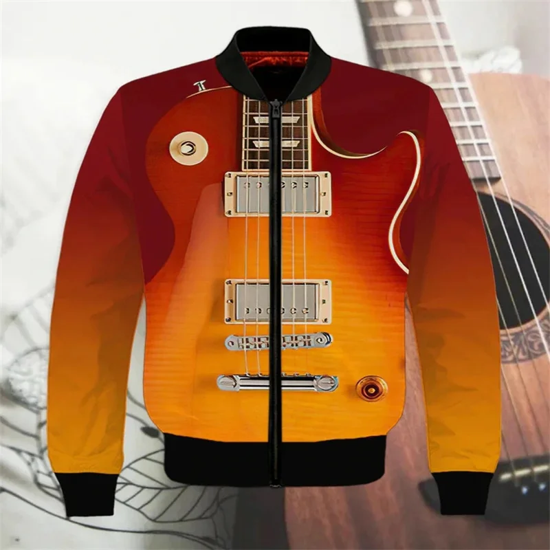 Guitar Pattern Jacket For Men Musical Instrument 3D Print Coat Fashion Casual Sweatshirts Loose Zipper Jackets Tops Long Sleeves