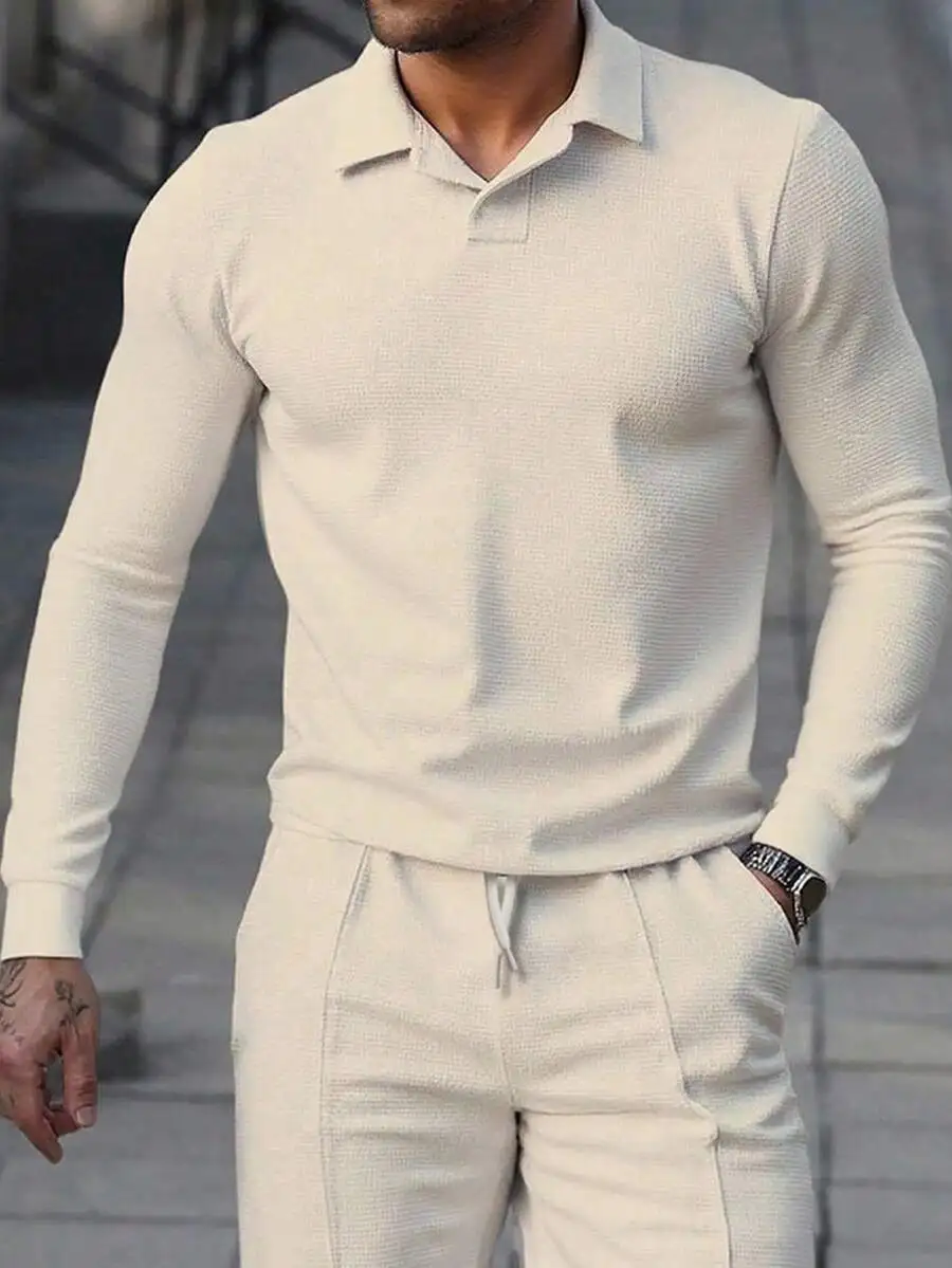 

Men's Solid Color Long Sleeve Polo Shirt, Casual Knit Top for Autumn