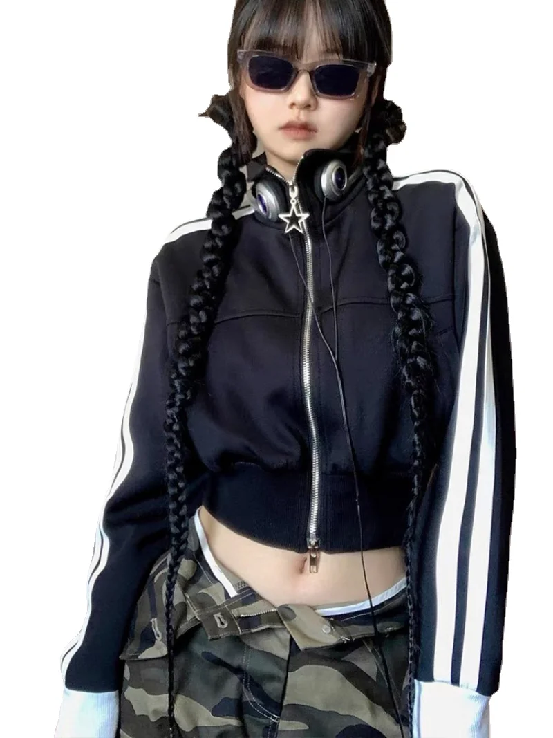 Women Vintage Korean Fashion Streetwear Zip Up Crop Hoodies Harajuku Striped Cropped Zipper Jackets Y2k Kpop Sweatshirt Clothes