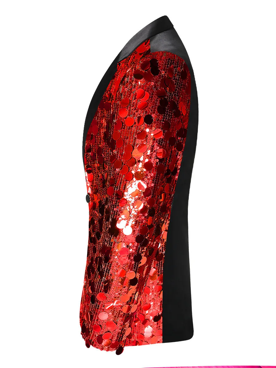 2026 New Men's Red Long-sleeved Suit Jacket, with Round Metal Sequin Decoration Blazers, Wedding/Party/Stage Coat.