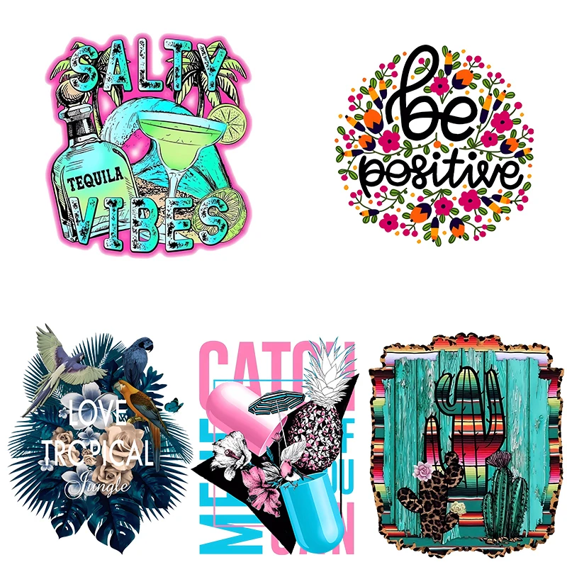 

Tropical plants Flowers cactus heat transfer printing Iron On Patches DIY Fashion women's summer vacation T-shirt stripes