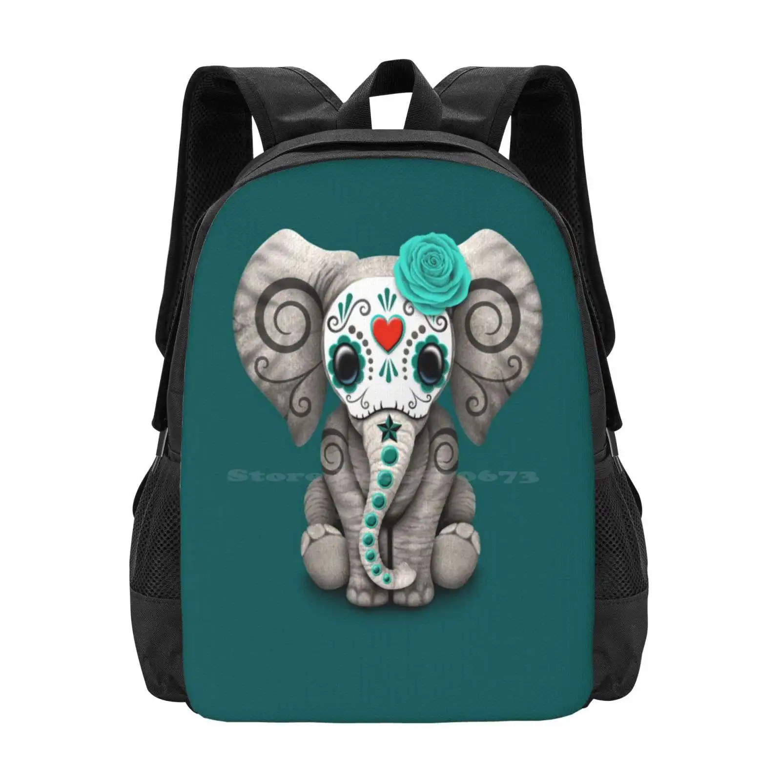 

Teal Blue Day Of The Dead Sugar Skull Baby Elephant Pattern Design Bag Student'S Backpack Day Of The Dead Elephant Sugar Skull