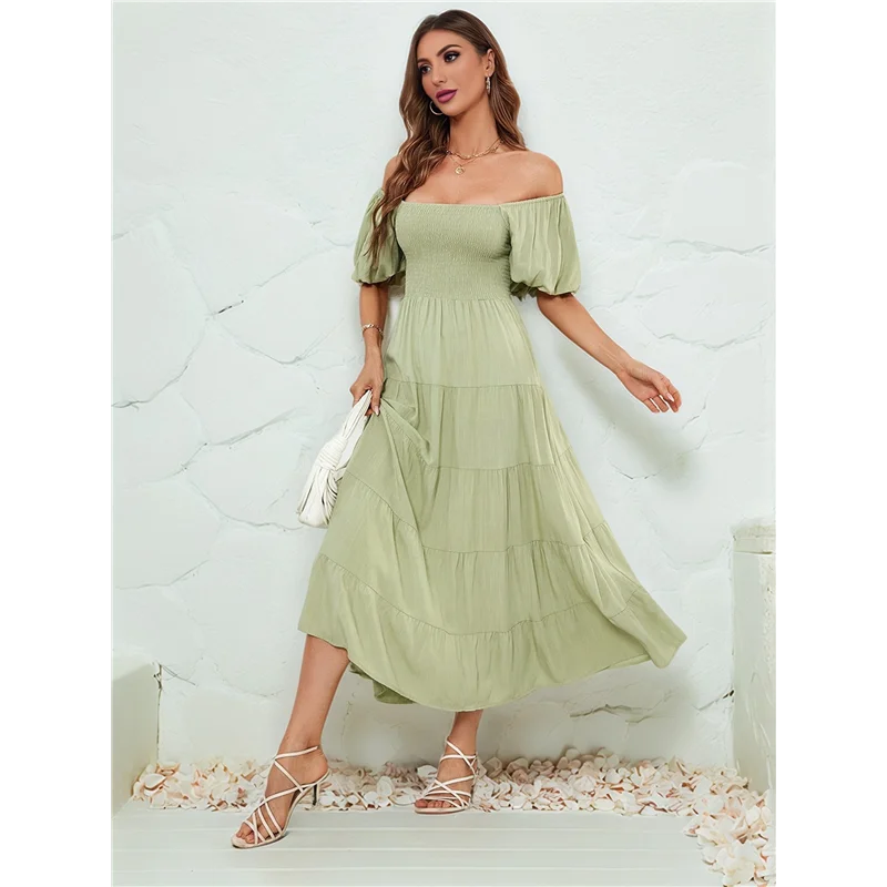 ผู้หญิงฤดูร้อนสบายๆชุด Midi Puffy แขนสั้นสแควร์คอ Smocked ฉัตร Ruffle ชุด