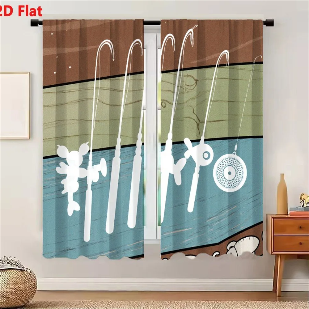 2Pcs Curtains 2D Flat Whimsical Fishing Rods Illustration With Silhouetted Hooks Decorative Handles Natural Outdoor Background 5