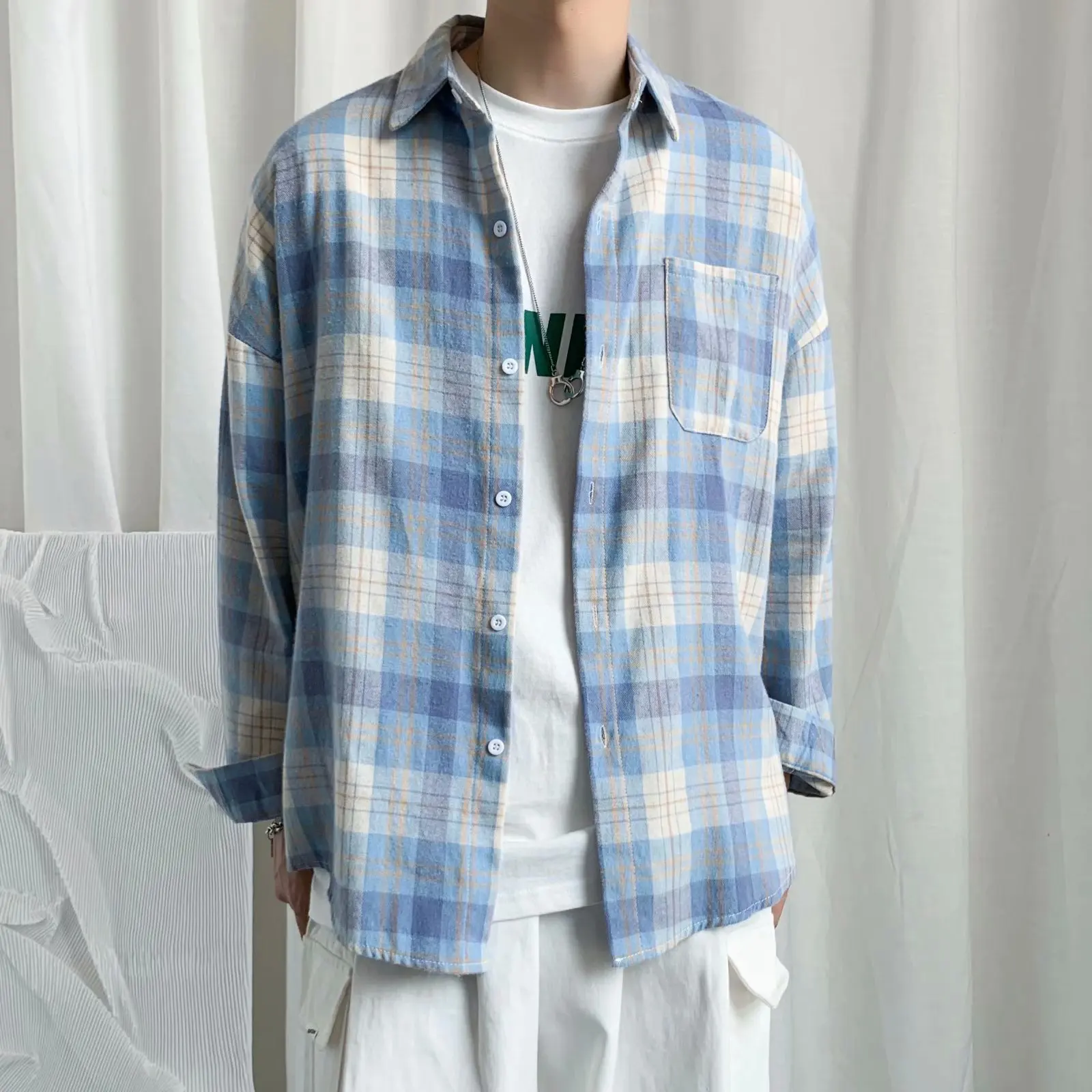 Loose Casual Plaid Long Sleeve Men's Shirt Korean Style Outerwear Autumn New Style Student Simple Fashion Cross-Border