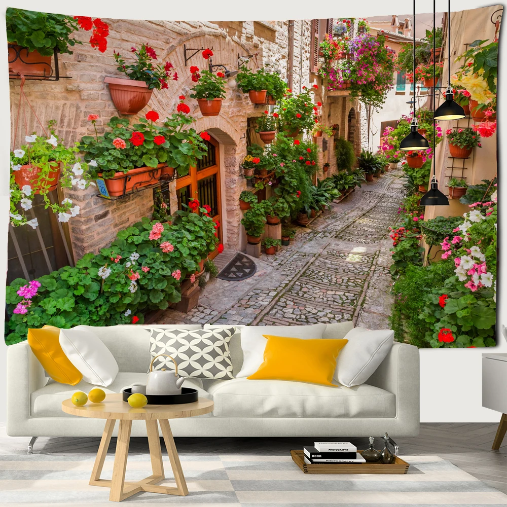 Beautiful Architecture Flower Path Print Wall Hippie Tapestry Polyester Fabric Decor Wall Rug Carpets Hanging Big Couch Blanket