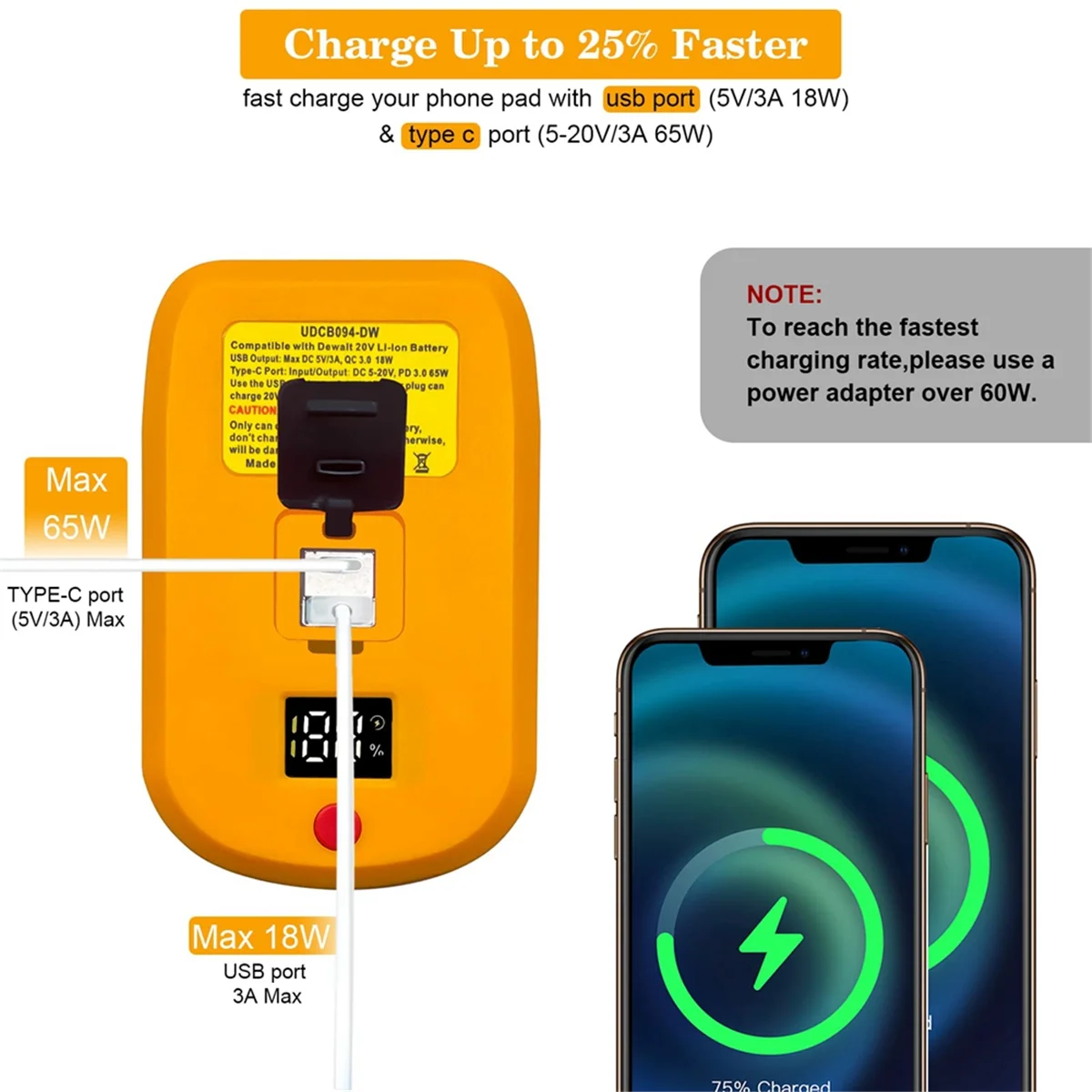 Imagem -05 - Dewalt-carregador Usb c para Bateria Dewalt 20v Portas com Usb-c Und Usb-a Carregador Rápido 65w Adaptador de Alimentação pd 3.0 Fonte de Alimentação Usb