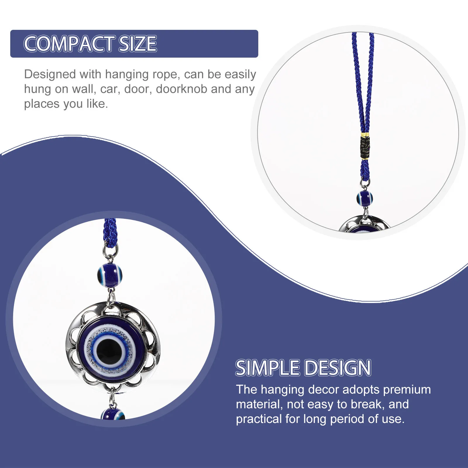

5Pcs Round Hanging Decor Evil Eye Premium Material Blue Glass Ornament for Car Wall Window Door Rearview Mirror Decoration