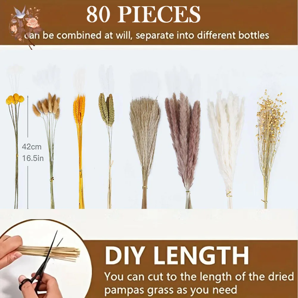 80Pcs Natural Fluffy Rabbit Tails Reed Golden Ball Dried Flowers Pampas Grass Bouquet Wedding Table Decoration Home Vase Filler