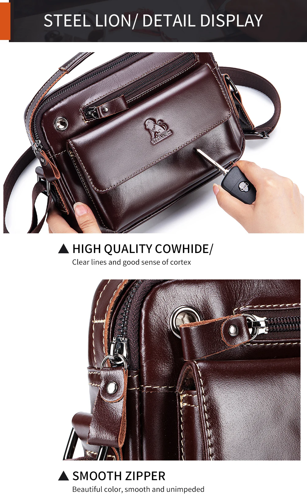 STEEL LION Herren-Umhängetasche aus Rindsleder, lässige Sporttasche, horizontale Handytasche aus echtem Leder – Detail 12