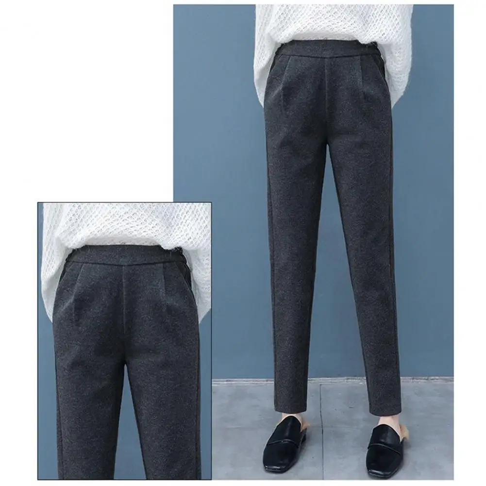 Women High Waist Trousers Elegant Women's Woolen Harem Pants with High Waist Pockets for Office Travel Autumn Winter Korean