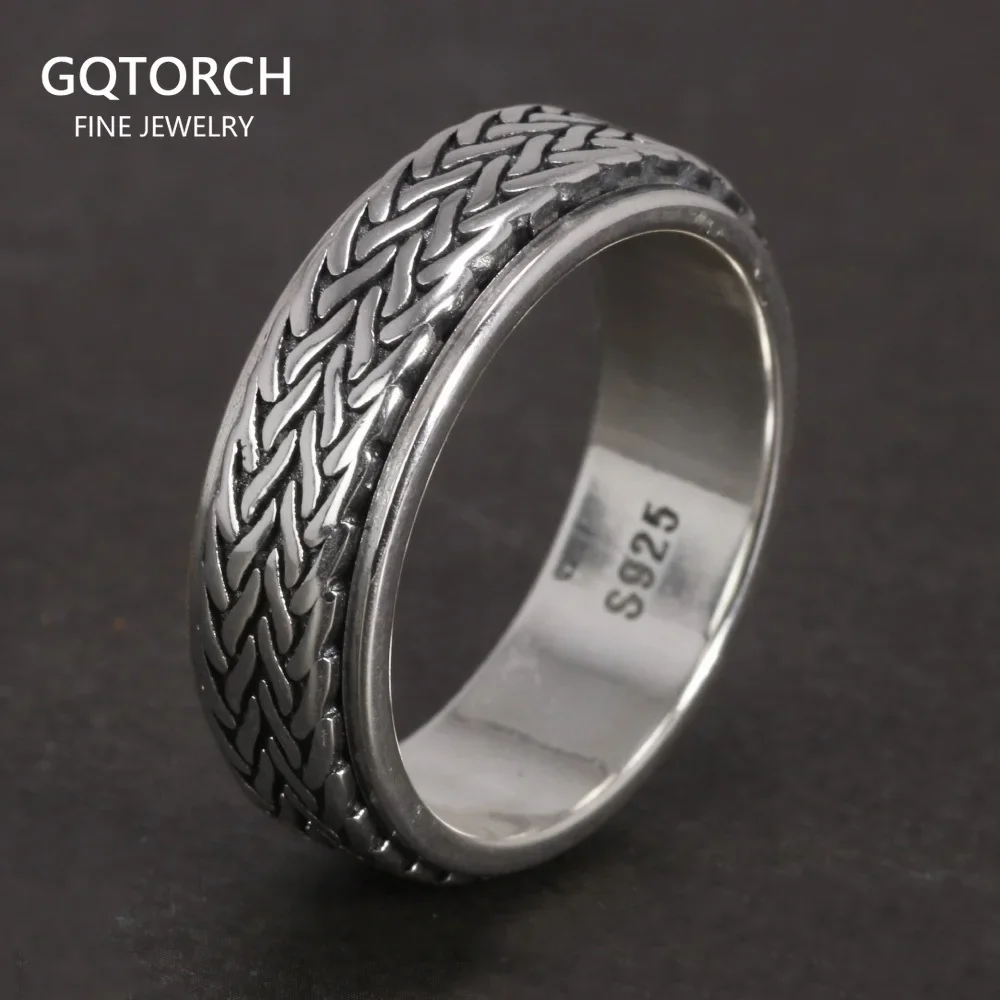 925 Sterling Silver Rotatable Rings For Men And Women Simple Hemp Rope Type Spinner Vintage Male Jewelry