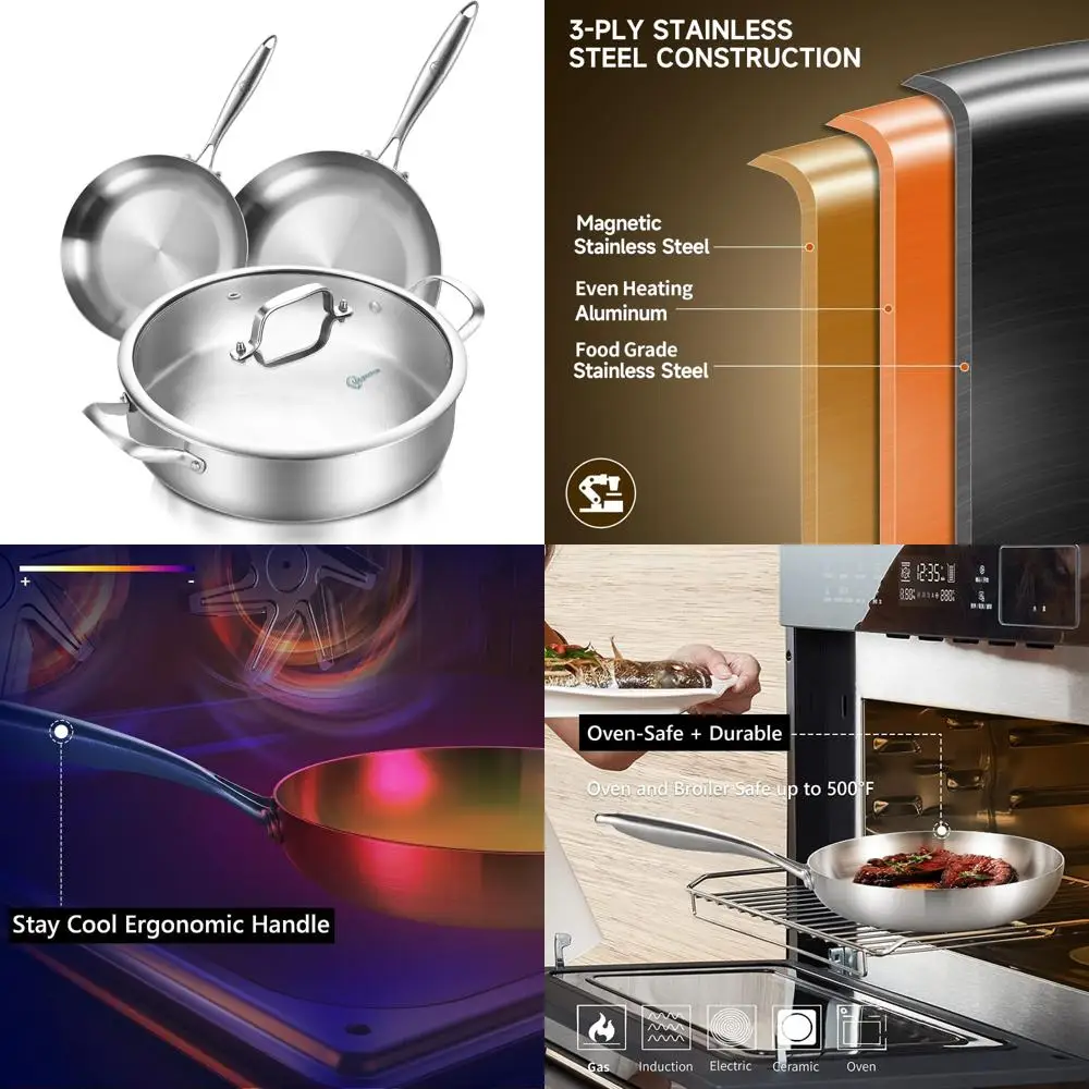 

Stainless Steel 12 Inch 5.5 QT Saute Pan and 8-10 Inch Frying Pan Set, 3-Piece Induction Cookware, Dishwasher Safe, Oven Ready,