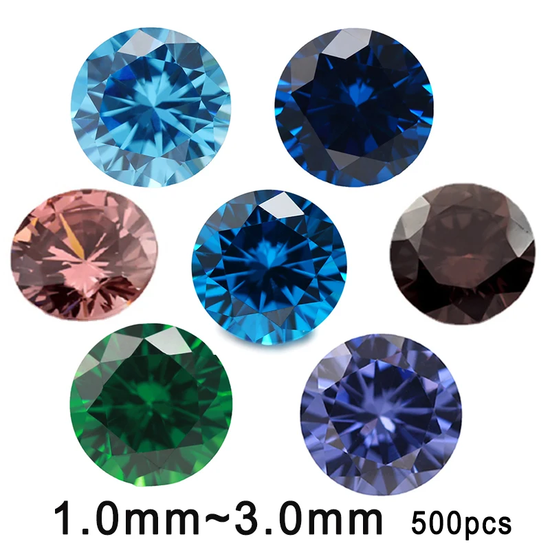 500pcs Size 1.0mm~3.0mm 5A Round Cut Cubic Zirconia Stone Loose Zircon CZ Beads Sea Blue Green Coffee Rhodolite Tanzanite Color