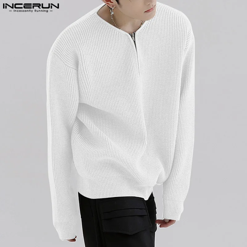 INCERUN-suéter informal de estilo coreano para hombre, Tops sencillos, a la moda, para fiesta, color sólido, con media cremallera, S-5XL