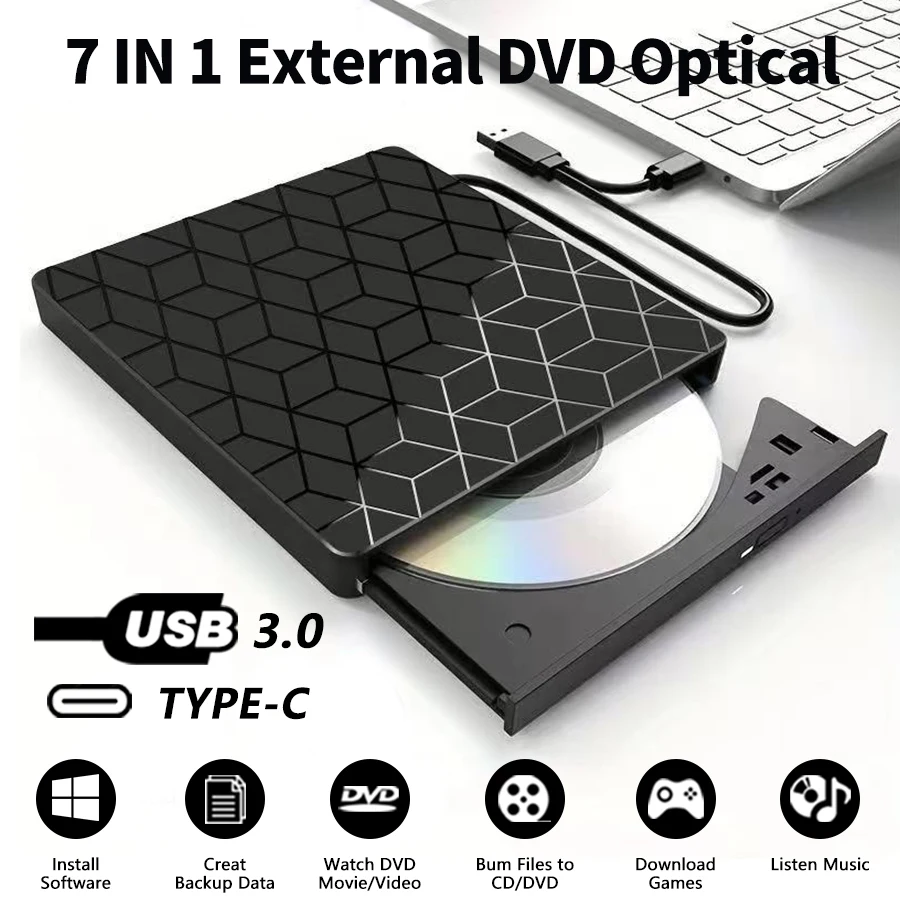7 in 1 USB Type C External DVD Burner CD Player Disk Drive Reader Writer Optical Drive for Laptop Desktop Computer Windows Linux