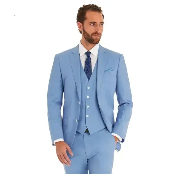 

2024 High Quality Sky Blue Simple Men Suit Smart Causal Blazer Custom Slim Fit 3 Piece Groom Tuxedo Prom Party Jacket Pants Vest