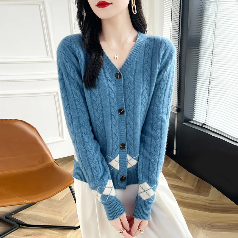 Pure Wool Knitted Sweater For Women Open Cardigan Long Sleeve Loose Warm Winter Coat V Neck Diamond Color Block  Woman clothing.